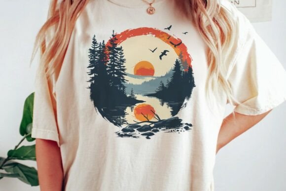 Sunset Forest Lake Birds Graphic PNG: A Nature-Inspired Design Asset